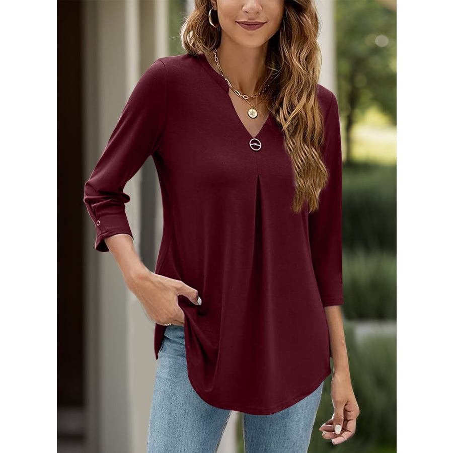 Notched Three-Quarter Sleeve T-Shirt Apparel and Accessories