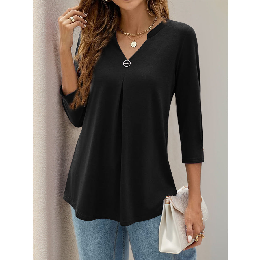 Notched Three-Quarter Sleeve T-Shirt Apparel and Accessories