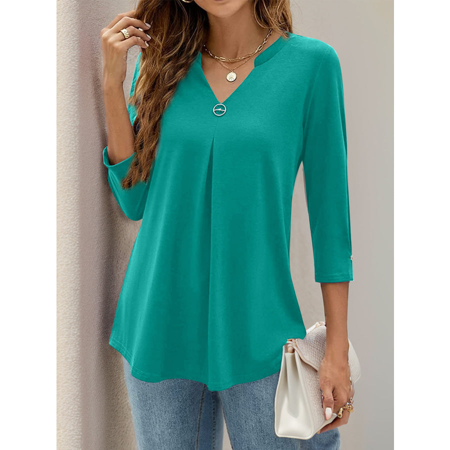 Notched Three-Quarter Sleeve T-Shirt Apparel and Accessories