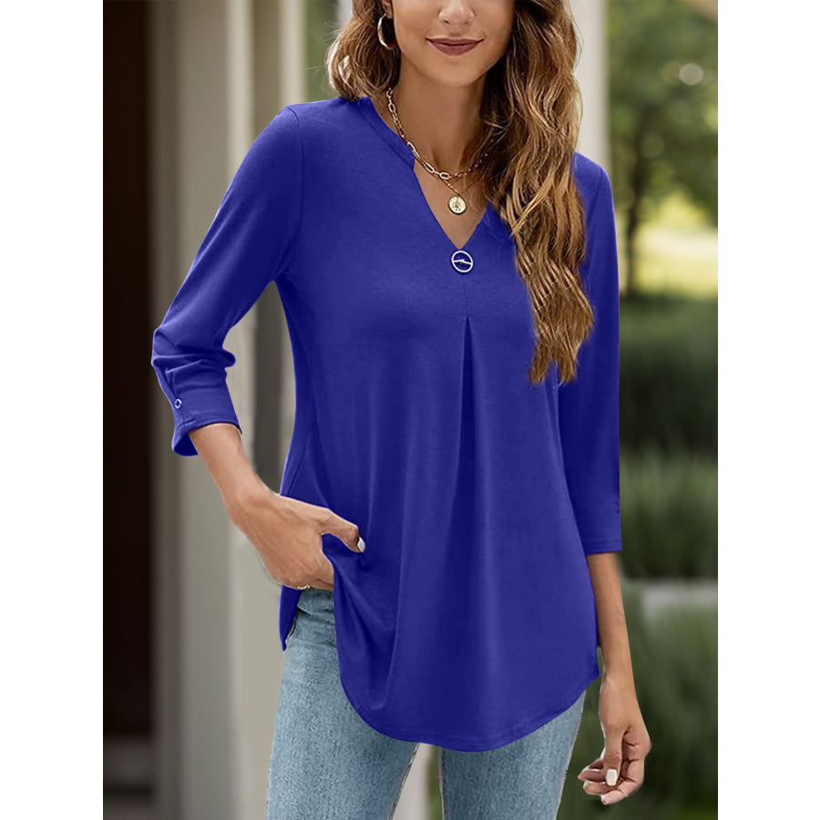 Notched Three-Quarter Sleeve T-Shirt Apparel and Accessories
