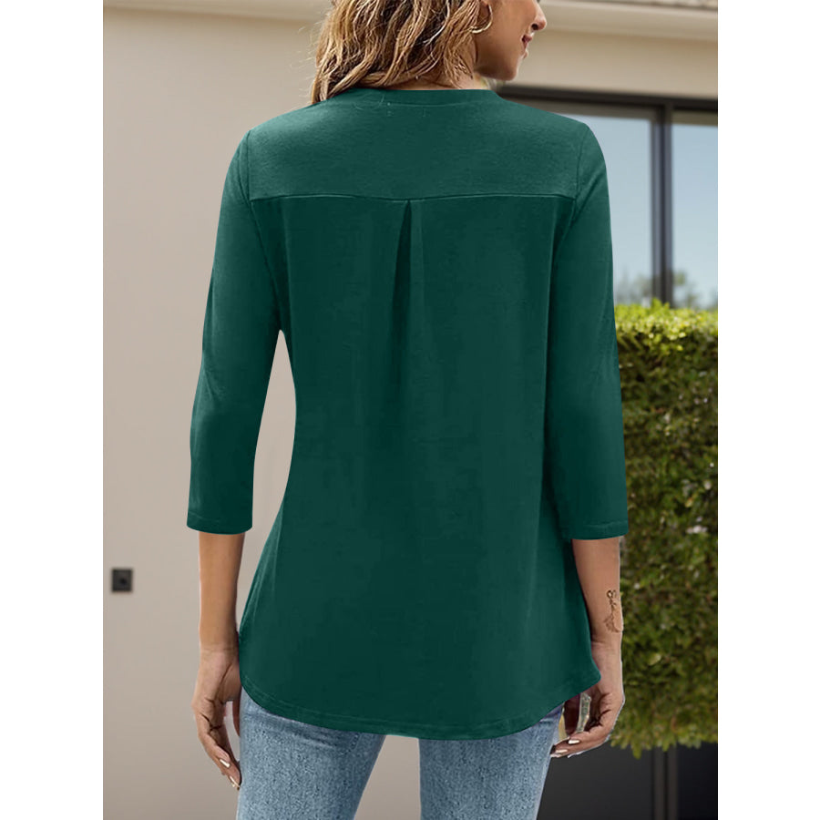 Notched Three-Quarter Sleeve T-Shirt Apparel and Accessories