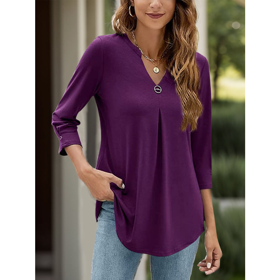 Notched Three-Quarter Sleeve T-Shirt Apparel and Accessories
