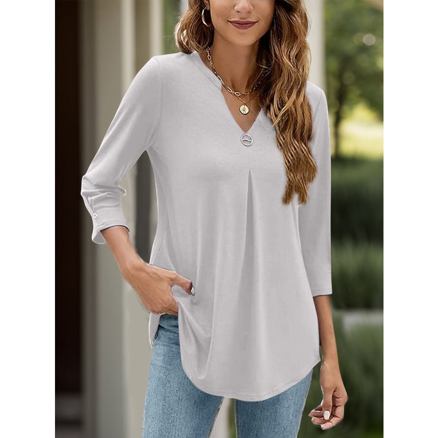 Notched Three-Quarter Sleeve T-Shirt Apparel and Accessories