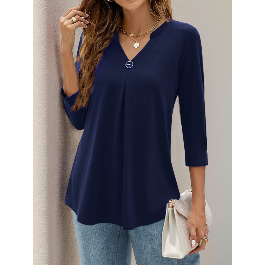 Notched Three-Quarter Sleeve T-Shirt Apparel and Accessories