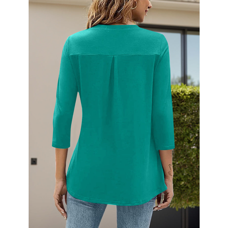 Notched Three-Quarter Sleeve T-Shirt Apparel and Accessories