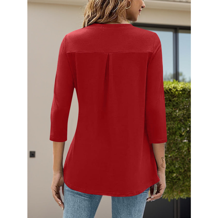 Notched Three-Quarter Sleeve T-Shirt Apparel and Accessories