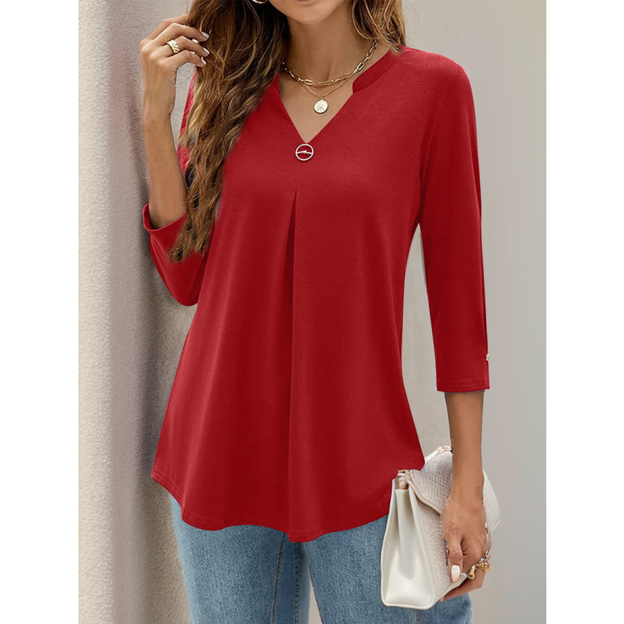 Notched Three-Quarter Sleeve T-Shirt Apparel and Accessories