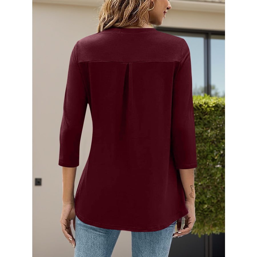 Notched Three-Quarter Sleeve T-Shirt Burgundy / S Apparel and Accessories