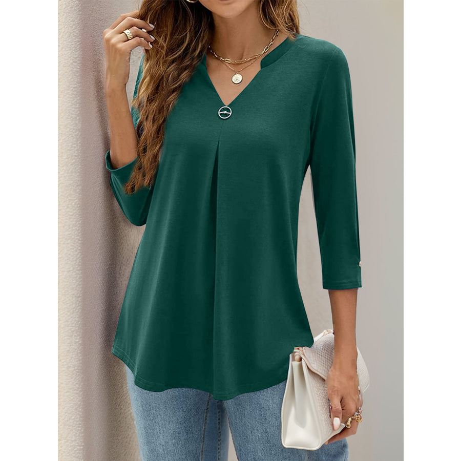 Notched Three-Quarter Sleeve T-Shirt Dark Green / S Apparel and Accessories