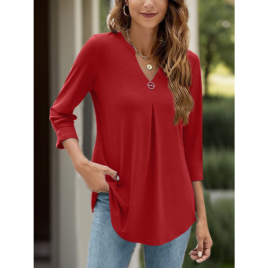Notched Three-Quarter Sleeve T-Shirt Deep Red / S Apparel and Accessories