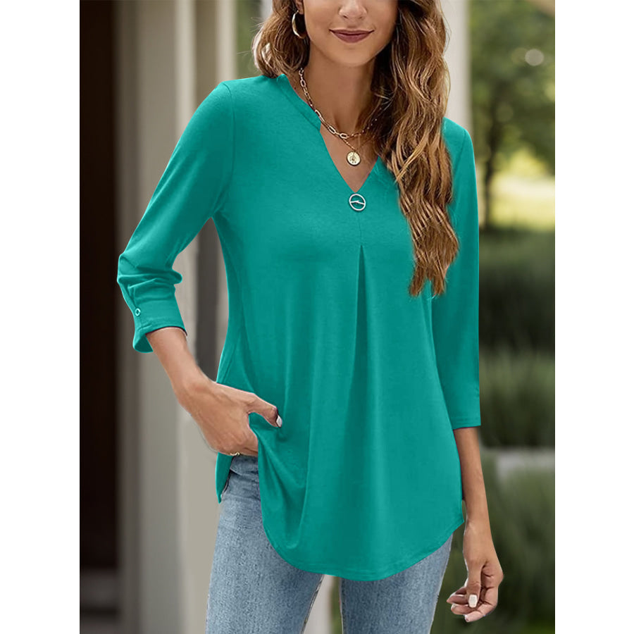 Notched Three-Quarter Sleeve T-Shirt Teal / S Apparel and Accessories