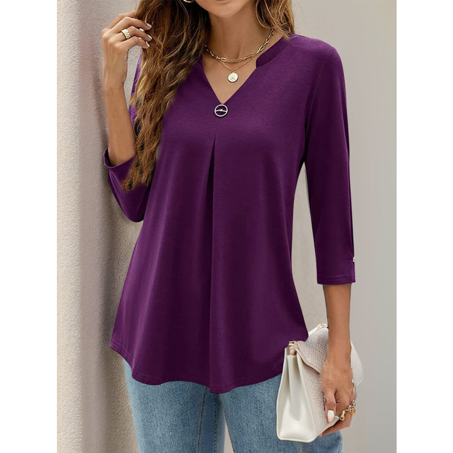 Notched Three-Quarter Sleeve T-Shirt Violet / S Apparel and Accessories