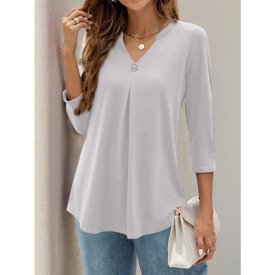 Notched Three-Quarter Sleeve T-Shirt White / S Apparel and Accessories