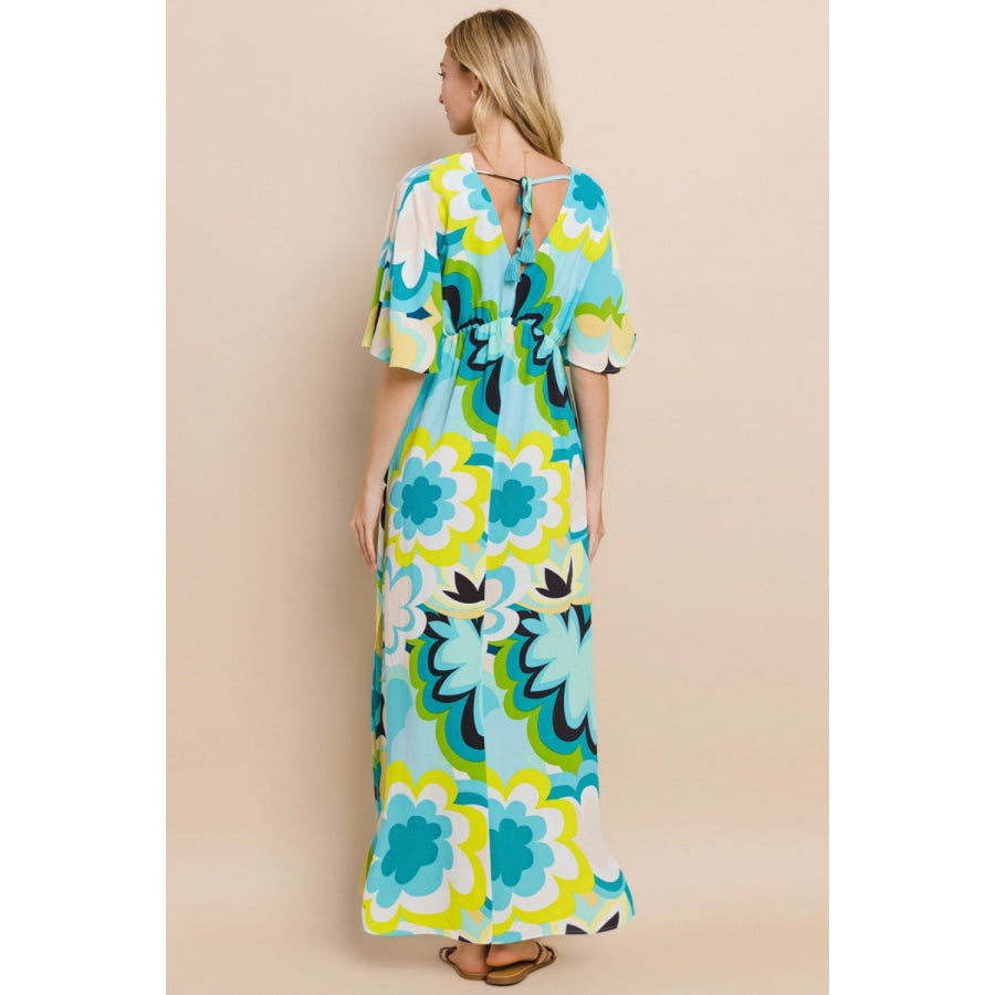 ODDI Floral Printed Slit Maxi Dress Blue Yellow / S Apparel and Accessories