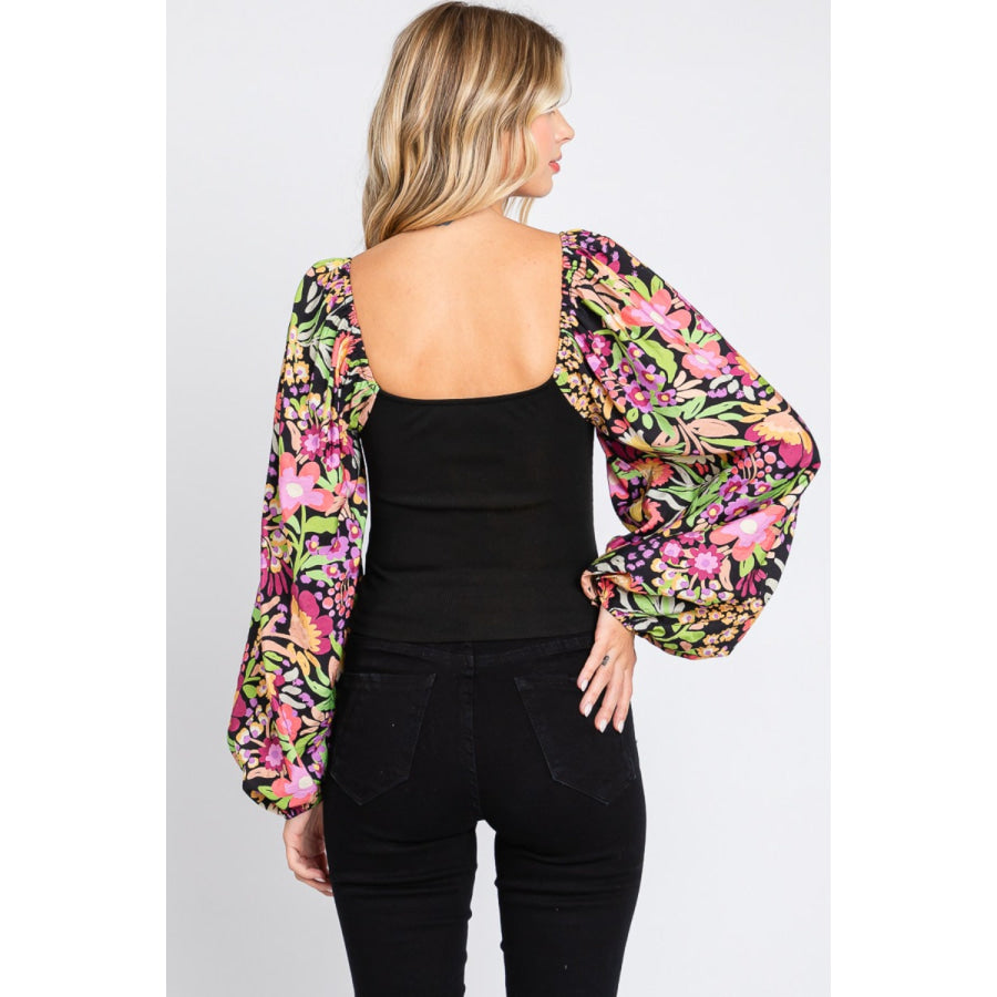 ODDI Full Size Floral Balloon Sleeve Blouse Apparel and Accessories