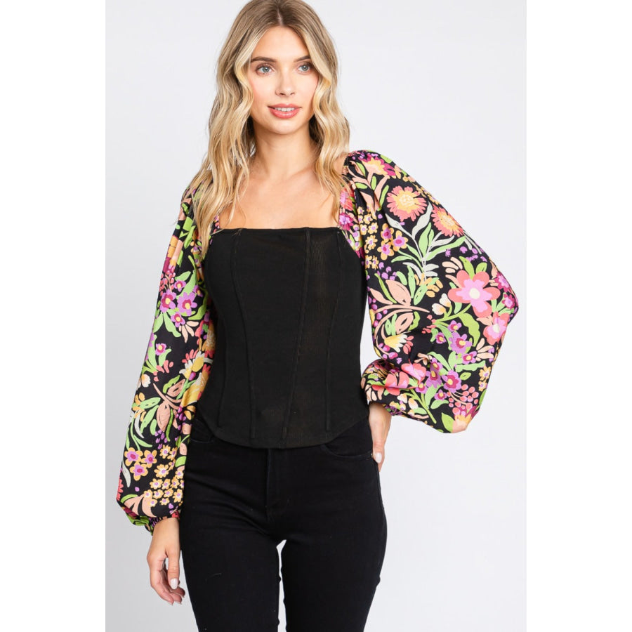 ODDI Full Size Floral Balloon Sleeve Blouse Apparel and Accessories