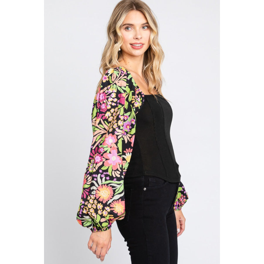ODDI Full Size Floral Balloon Sleeve Blouse Apparel and Accessories