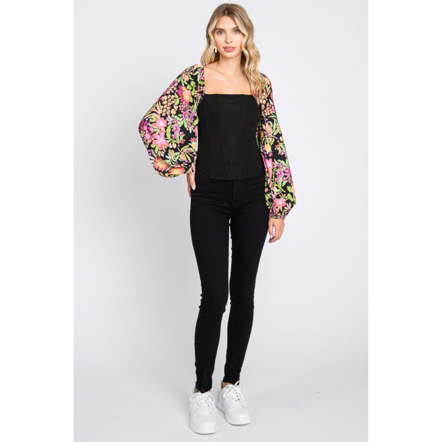 ODDI Full Size Floral Balloon Sleeve Blouse Apparel and Accessories