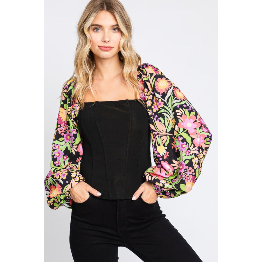 ODDI Full Size Floral Balloon Sleeve Blouse Black / S Apparel and Accessories