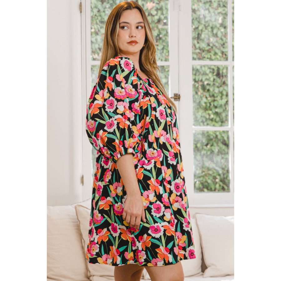 ODDI Full Size Floral Puff Sleeve Mini Dress