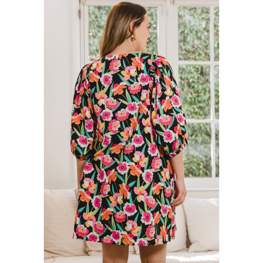 ODDI Full Size Floral Puff Sleeve Mini Dress Black Multi / S