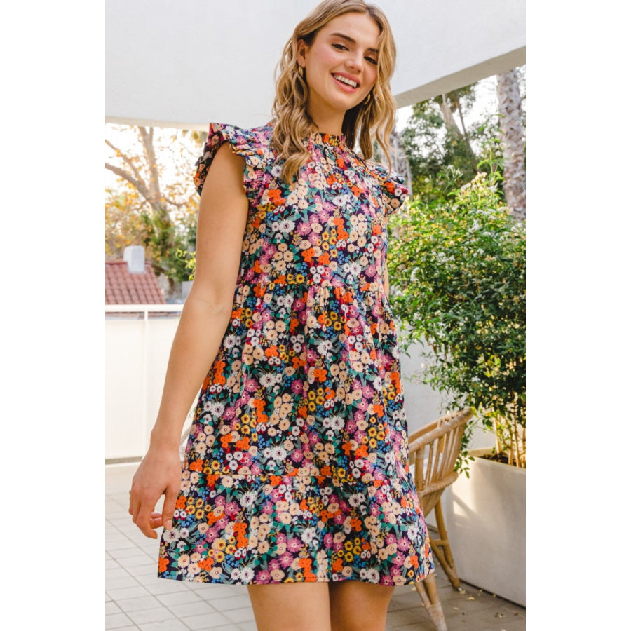 ODDI Full Size Floral Ruffled Cap Sleeve Mini Dress NAVY MULTI / S