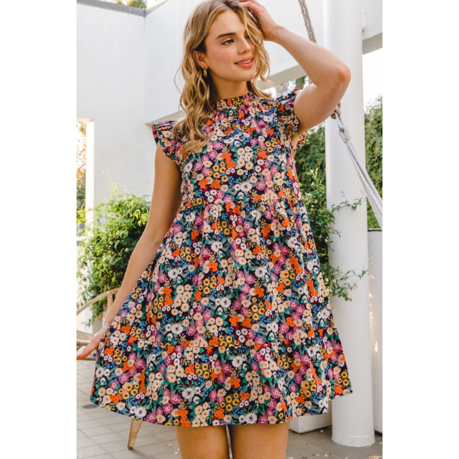 ODDI Full Size Floral Ruffled Cap Sleeve Mini Dress