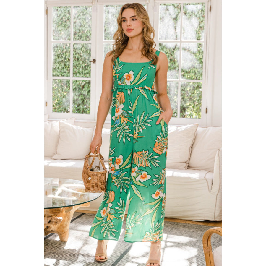 ODDI Full Size Floral Sleeveless Wide Leg Jumpsuit Green Multi / S Apparel and Accessories
