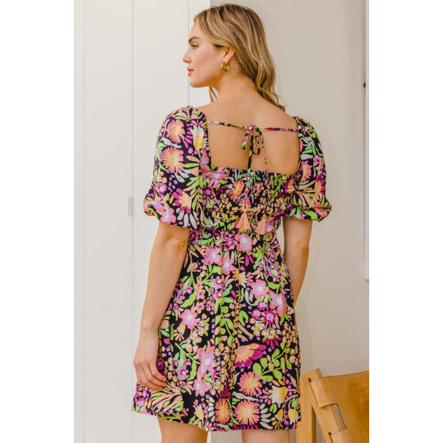 ODDI Full Size Floral Tie-Back Mini Dress Apparel and Accessories