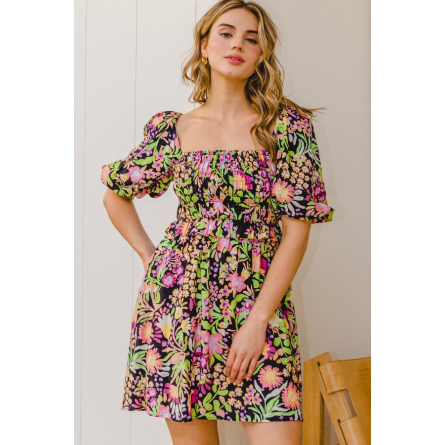 ODDI Full Size Floral Tie-Back Mini Dress Apparel and Accessories