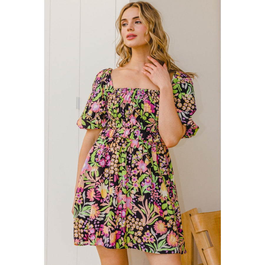 ODDI Full Size Floral Tie-Back Mini Dress Apparel and Accessories