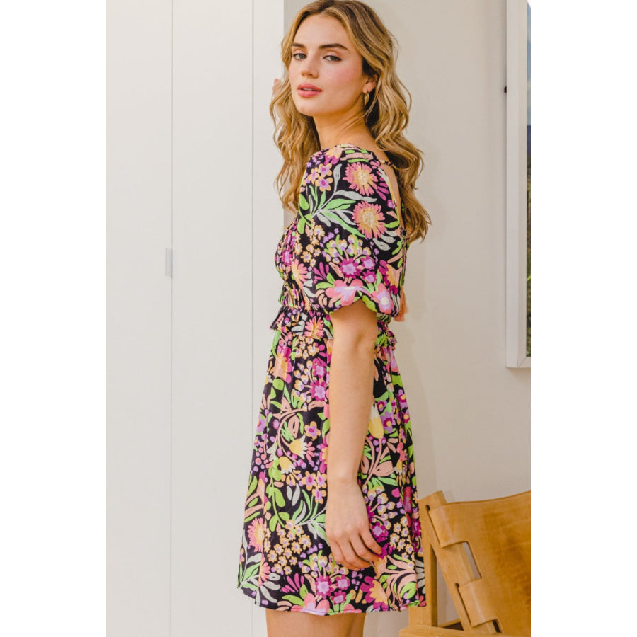 ODDI Full Size Floral Tie-Back Mini Dress Apparel and Accessories