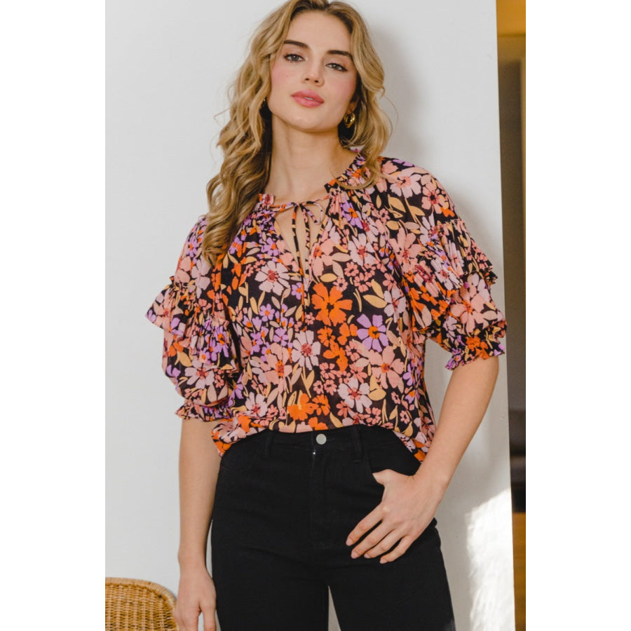 ODDI Full Size Floral Tie Neck Ruffled Blouse Apparel and Accessories