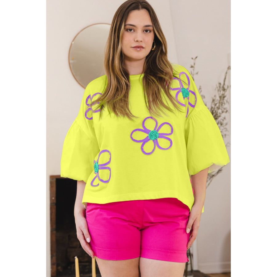 ODDI Full Size Flower Embroidery Detail T - Shirt Limelight / S Apparel and Accessories