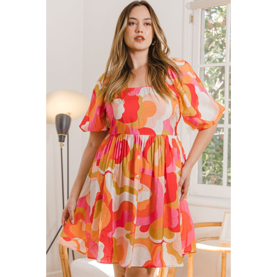 ODDI Full Size Printed Tied Back Short Sleeve Mini Dress Peach Multi / S