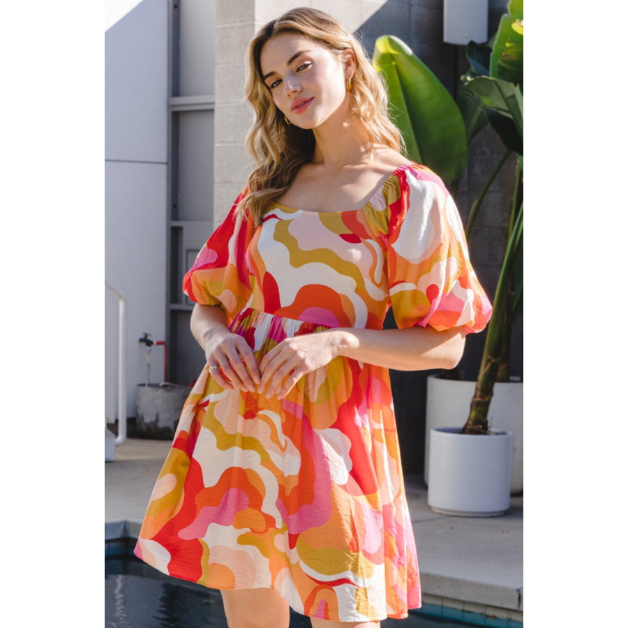 ODDI Full Size Printed Tied Back Short Sleeve Mini Dress