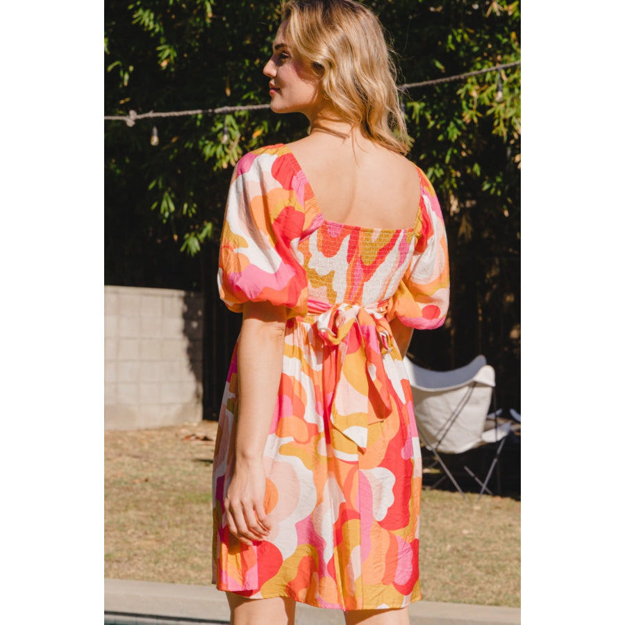 ODDI Full Size Printed Tied Back Short Sleeve Mini Dress