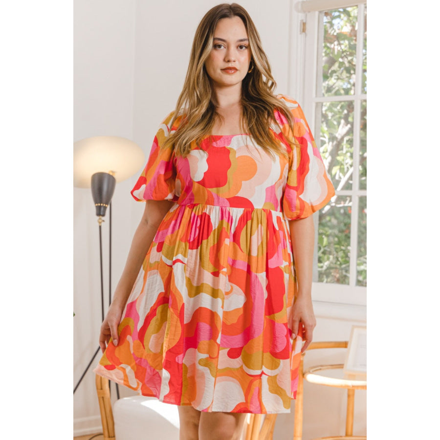 ODDI Full Size Printed Tied Back Short Sleeve Mini Dress