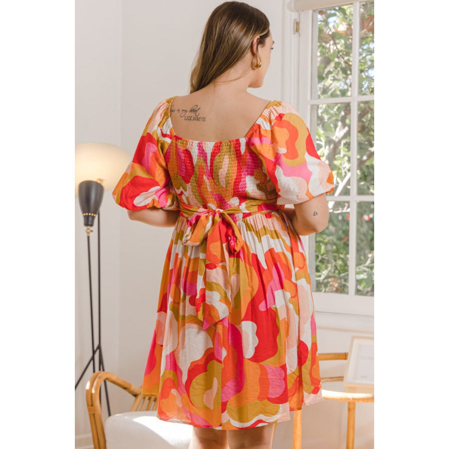 ODDI Full Size Printed Tied Back Short Sleeve Mini Dress