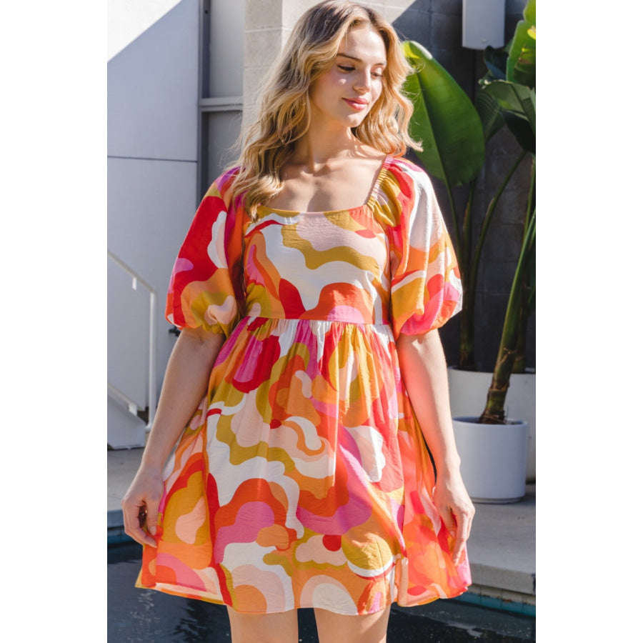 ODDI Full Size Printed Tied Back Short Sleeve Mini Dress