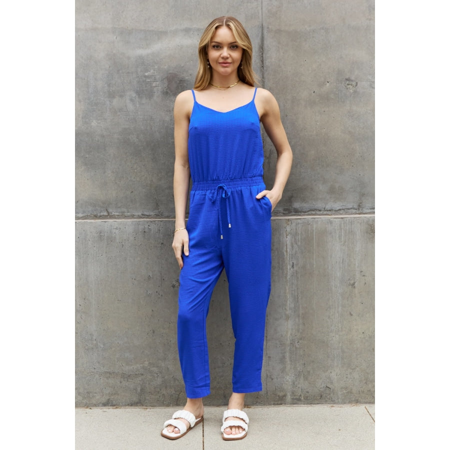 ODDI Full Size Textured Woven Jumpsuit in Royal Blue Royal Blue / S