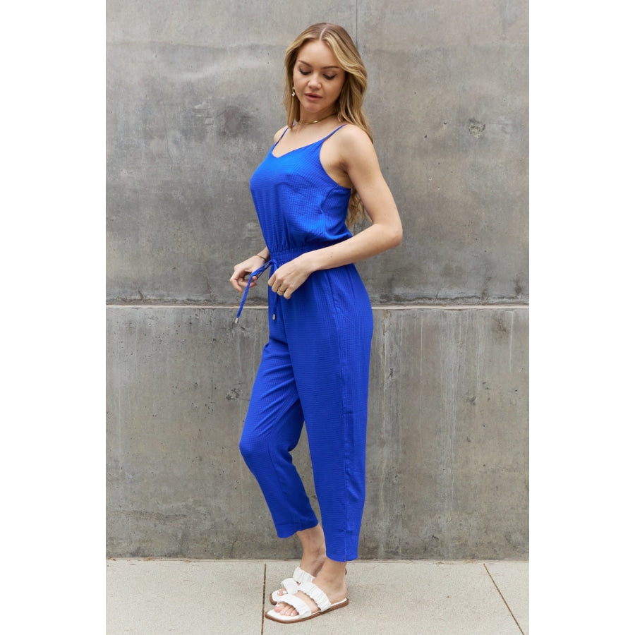 ODDI Full Size Textured Woven Jumpsuit in Royal Blue