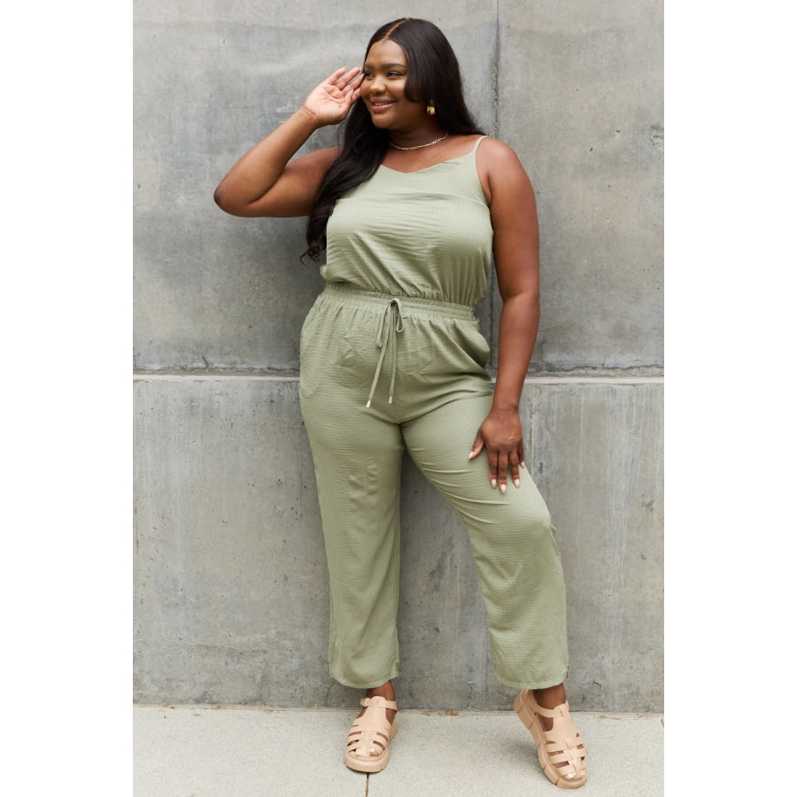ODDI Full Size Textured Woven Jumpsuit in Sage Sage / S