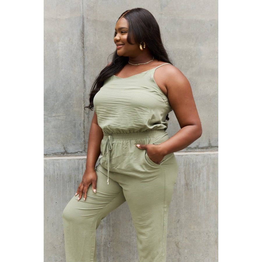 ODDI Full Size Textured Woven Jumpsuit in Sage
