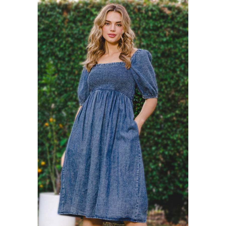 ODDI Full Size Washed Smocked Puff Sleeve Dress Apparel and Accessories