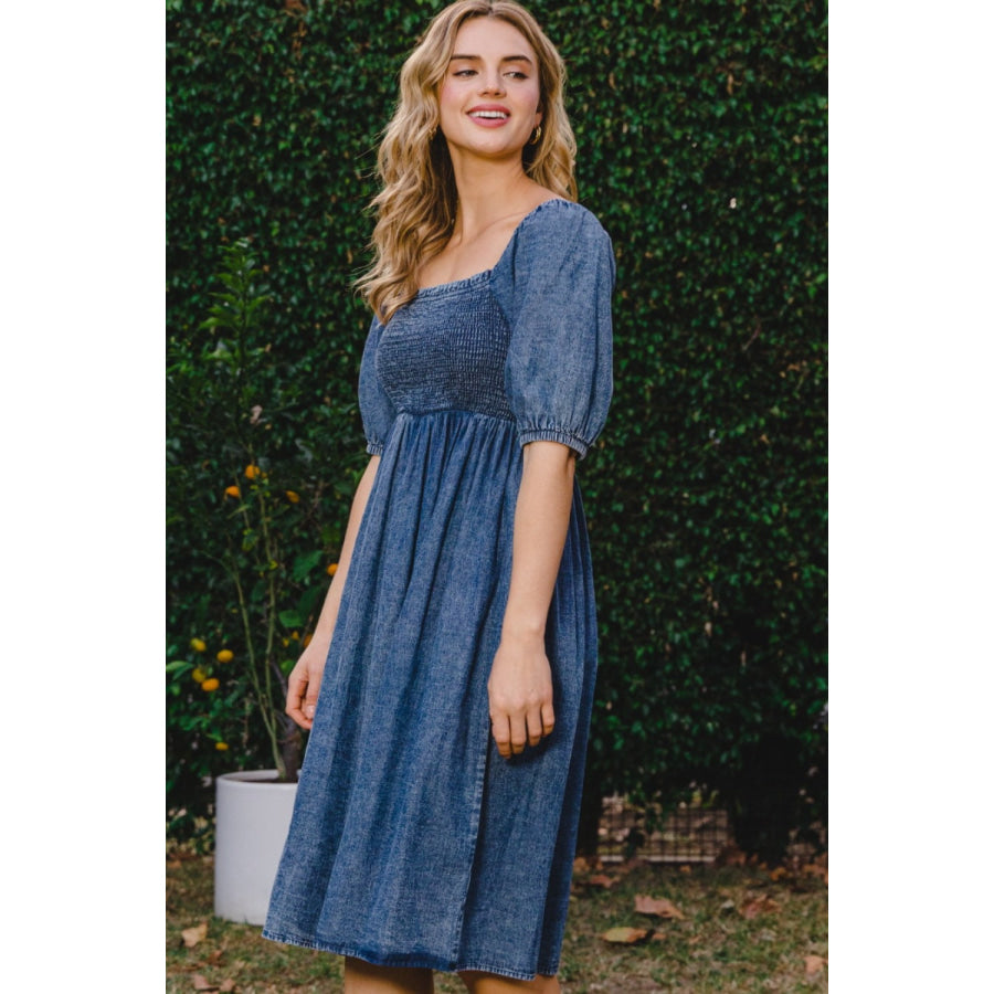 ODDI Full Size Washed Smocked Puff Sleeve Dress Apparel and Accessories