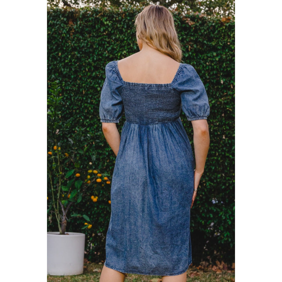 ODDI Full Size Washed Smocked Puff Sleeve Dress Washed Denim / S Apparel and Accessories