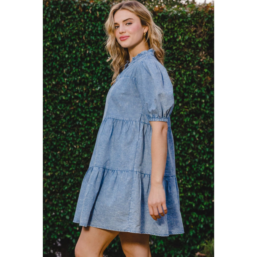 ODDI Washed Tiered Mini Denim Dress Apparel and Accessories