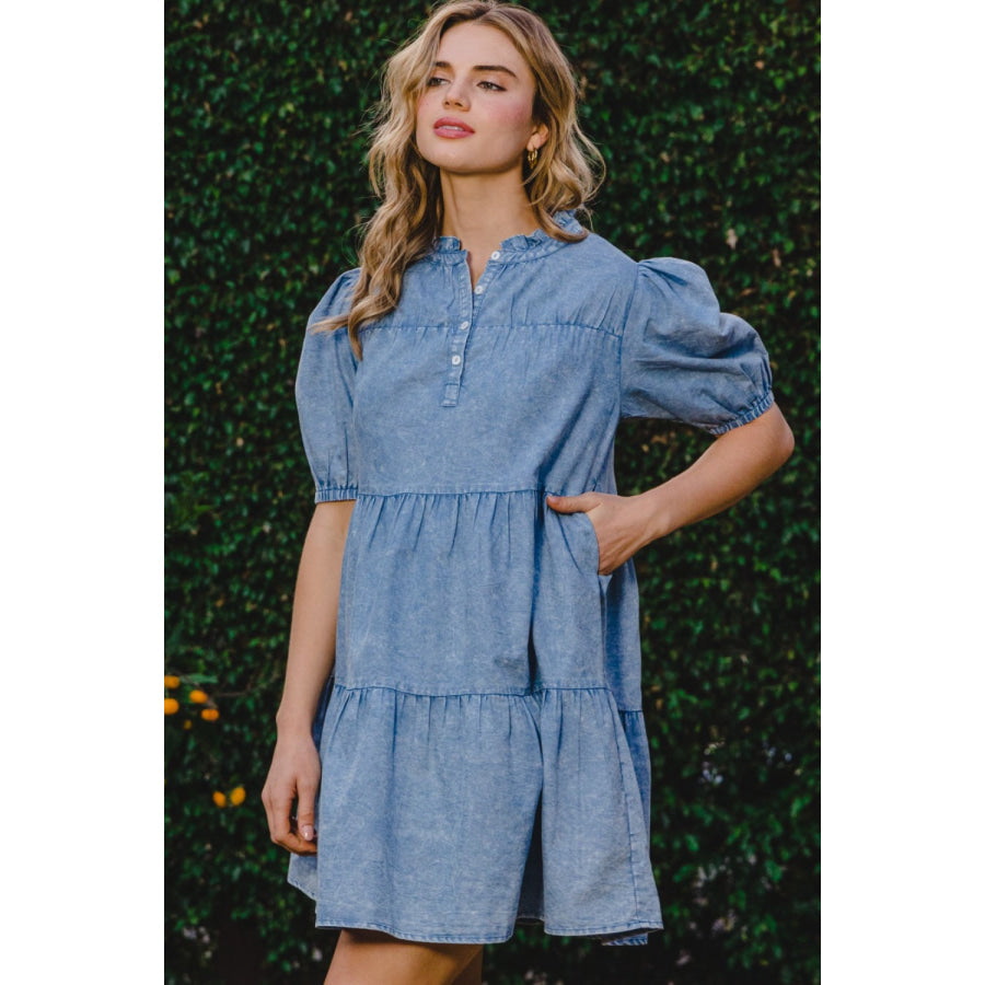 ODDI Washed Tiered Mini Denim Dress / S Apparel and Accessories