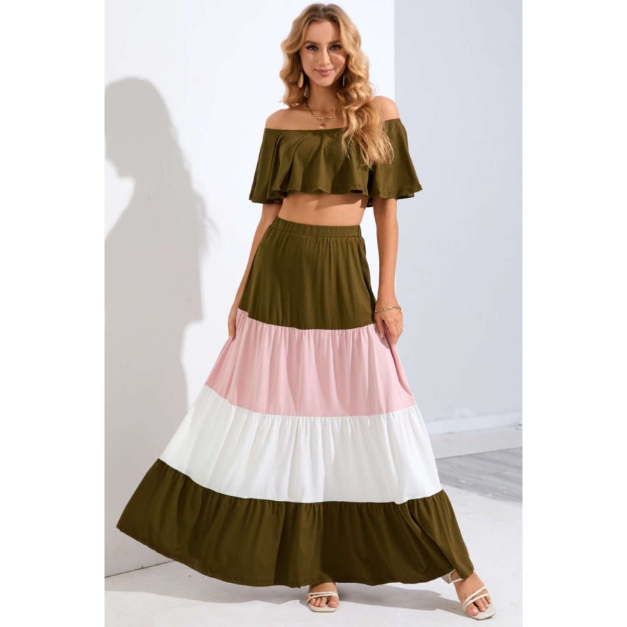 Off-Shoulder Crop Top and Color Block Tiered Skirt Set Olive Brown / XS